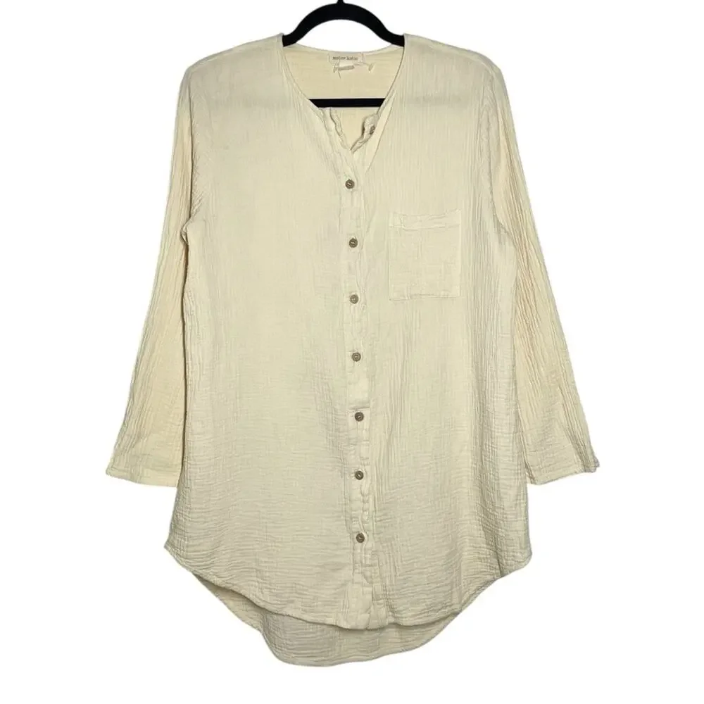 Sister Katie Cream Beige Cotton Gauze Relaxed Button Front Sally Top Medium